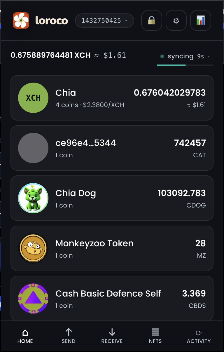 Loroco browser extension — wallet home with XCH, CAT and NFT balances
